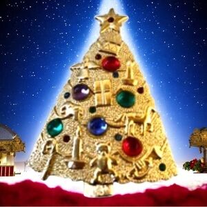 JJ 1986 Christmas Tree Brooch Pin Rhinestones Star Gold Tone Signed